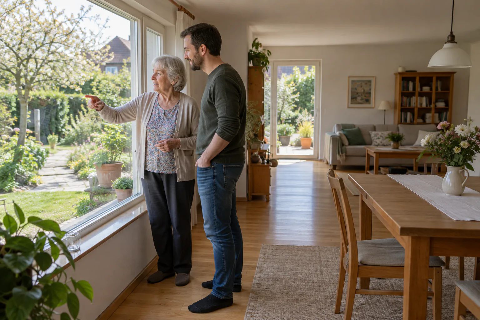 Ältere Frau und erwachsener Sohn betrachten Wohnraum und Garten